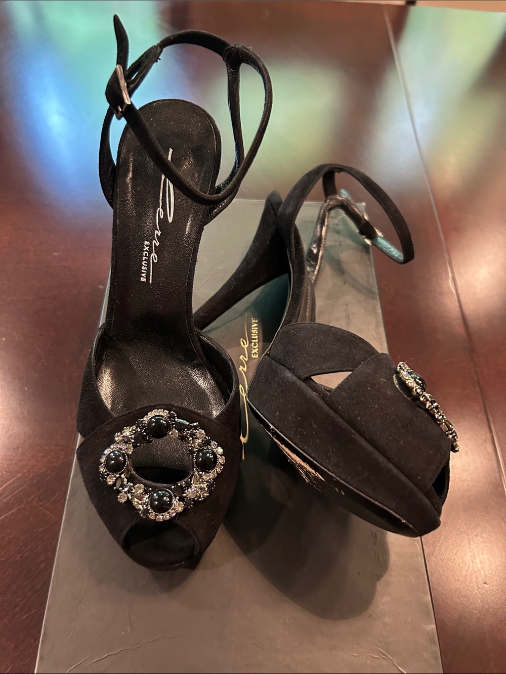Black Embellished Open-Toe Ankle-Strap Heels by Lerre